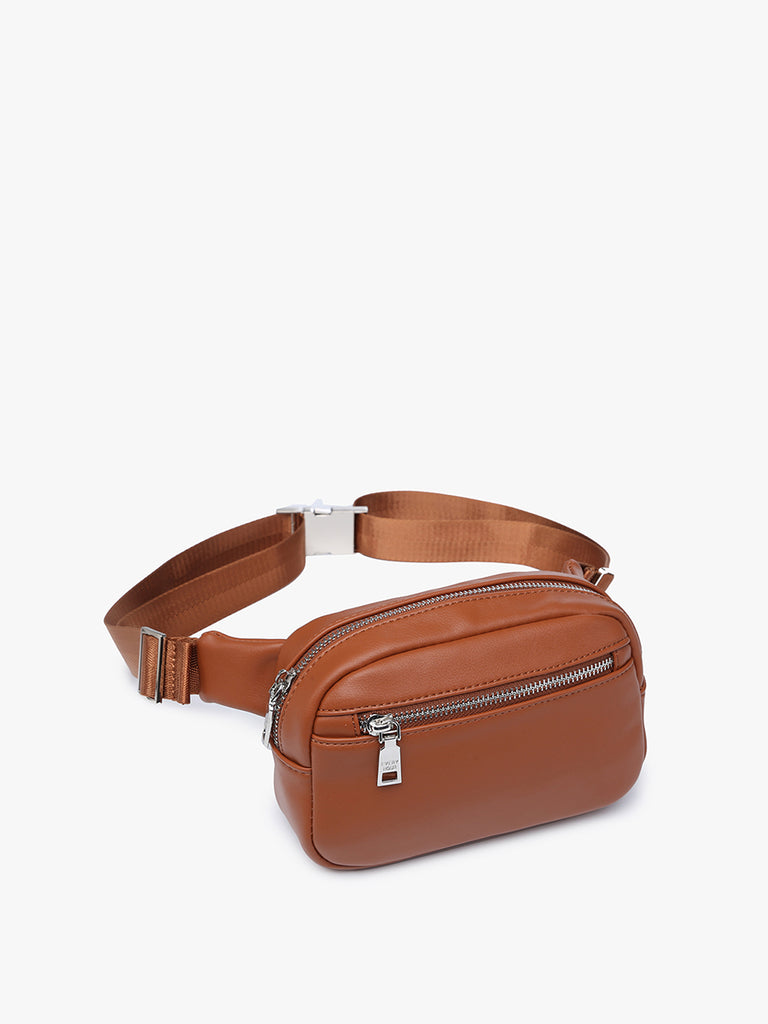 brown Jen and co belt bag on a cream background