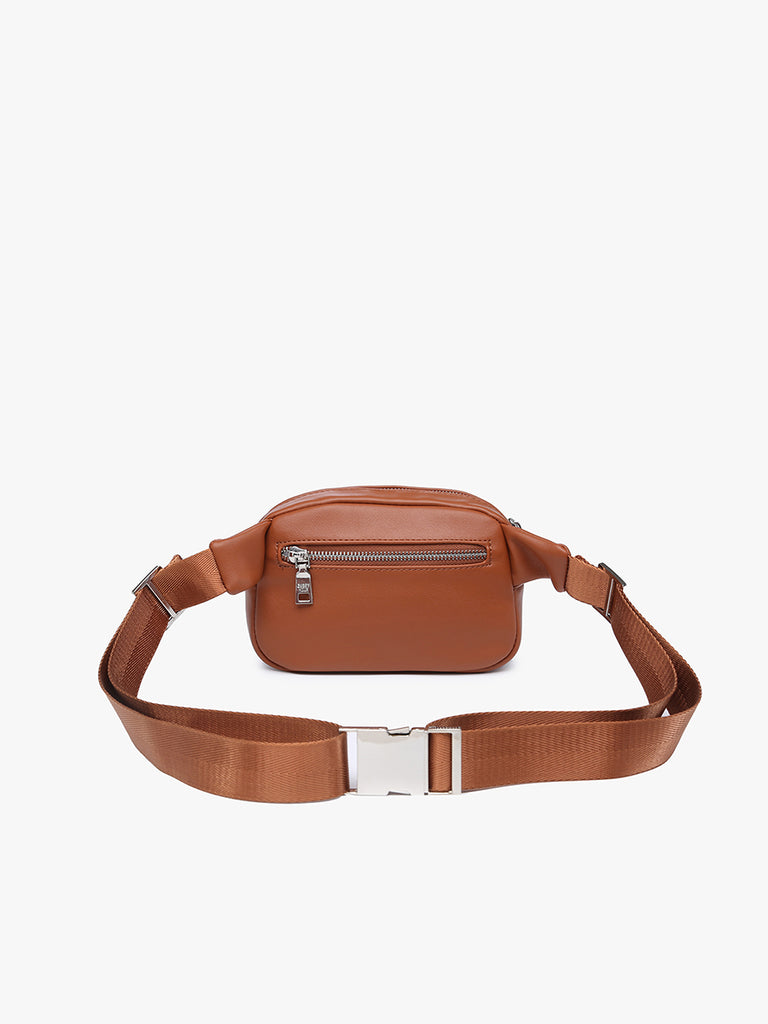 brown Jen and co belt bag on a cream background