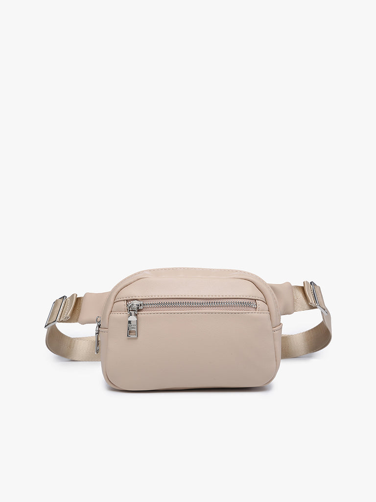 tan Jen and co belt bag on a cream background