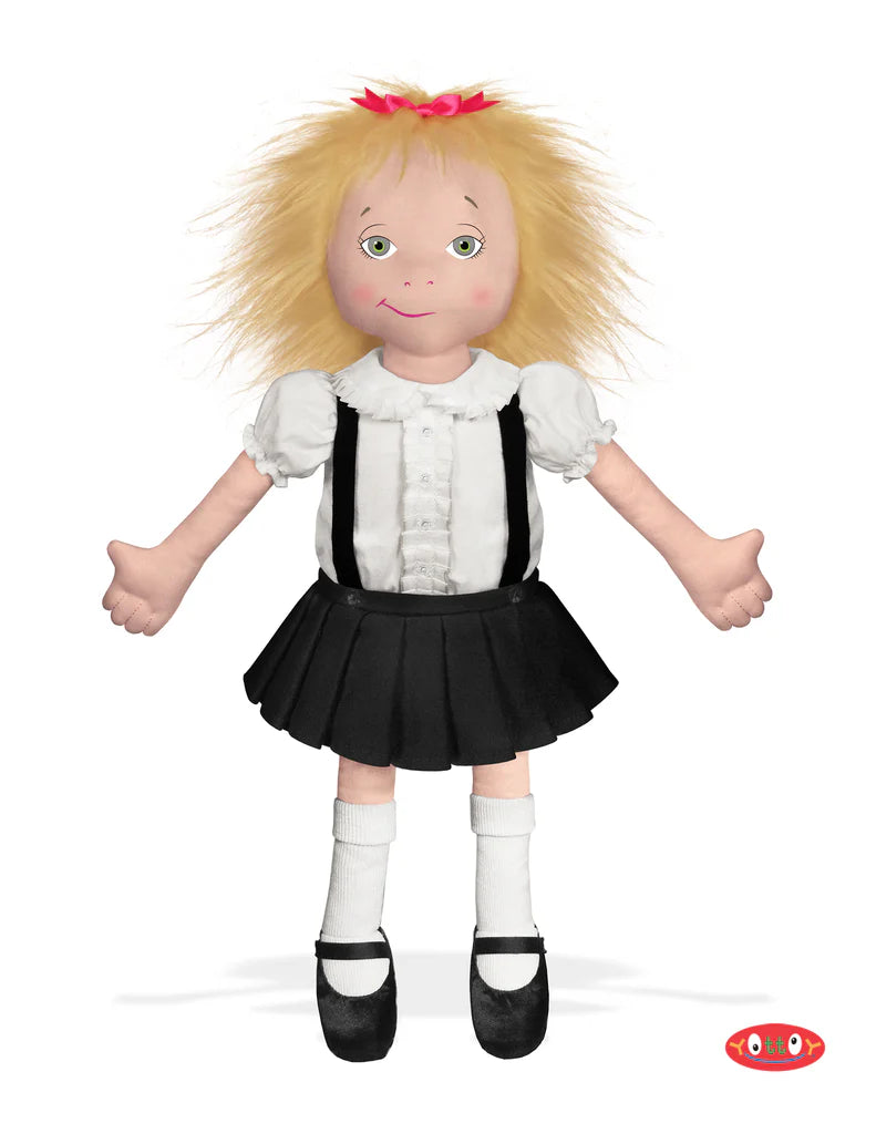 Doll in a school uniform with blonde hair and a red bow on a white background