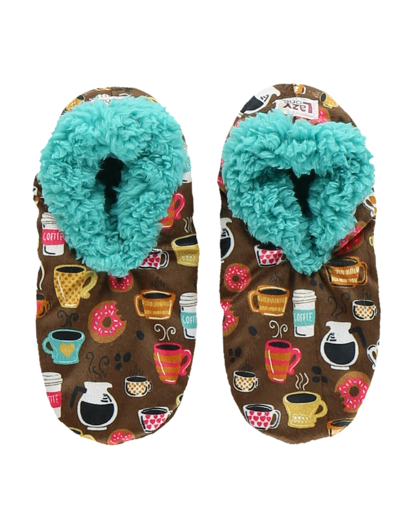 Pair of slippers with turquoise fuzzy interior on a brown background with coffee-themed pattern
