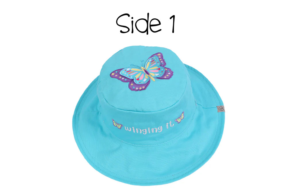 Baby/Kids Reversible Sun Hat - Butterfly / Flower on a white background