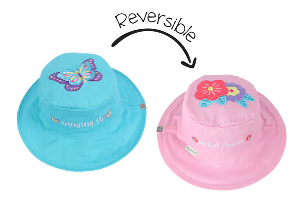 Baby/Kids Reversible Sun Hat - Butterfly / Flower on a white background
