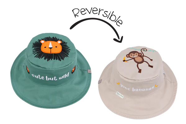 Baby/Kids Reversible Sun Hat - Lion / Monkey on a white background