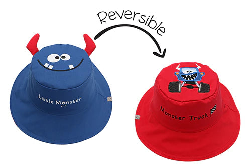 Baby/Kids Reversible Sun Hat - Monster / Car on a white background