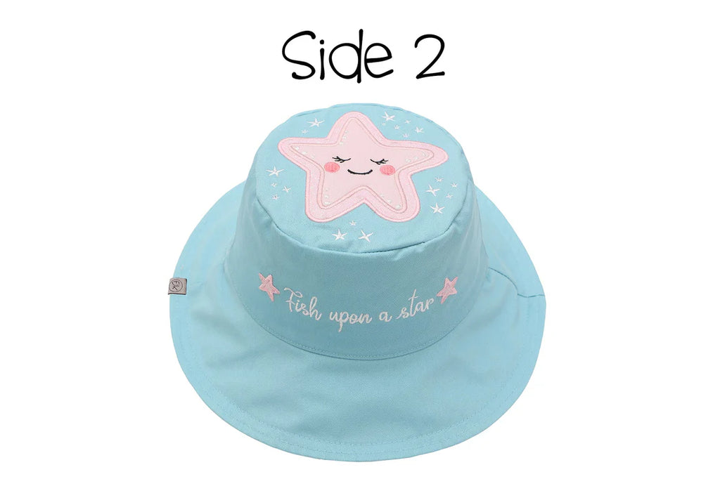 Baby/Kids Reversible Sun Hat - Narwhal / Starfish on a white background