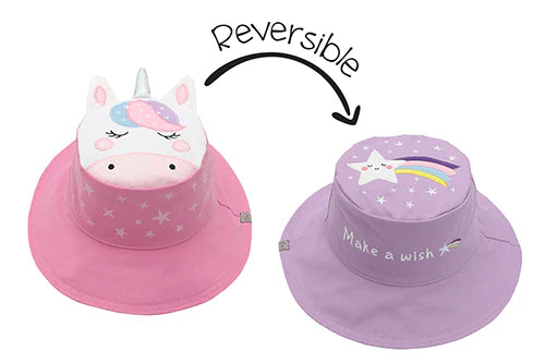Baby/Kids Reversible Sun Hat - Unicorn / Star on a white background