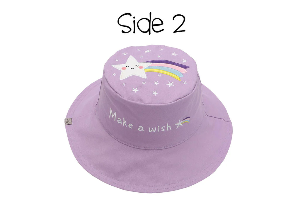Baby/Kids Reversible Sun Hat - Unicorn / Star on a white background