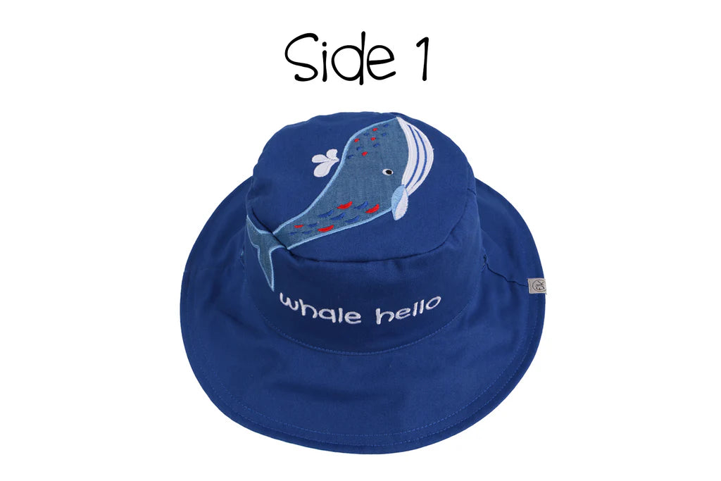 Baby/Kids Reversible Sun Hat - Blue Whale / Octopus on a white background