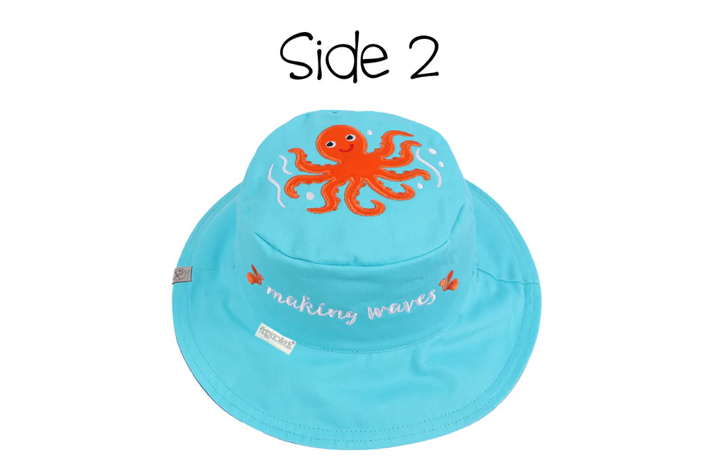 Baby/Kids Reversible Sun Hat - Blue Whale / Octopus on a white background