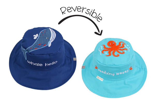 Baby/Kids Reversible Sun Hat - Blue Whale / Octopus on a white background
