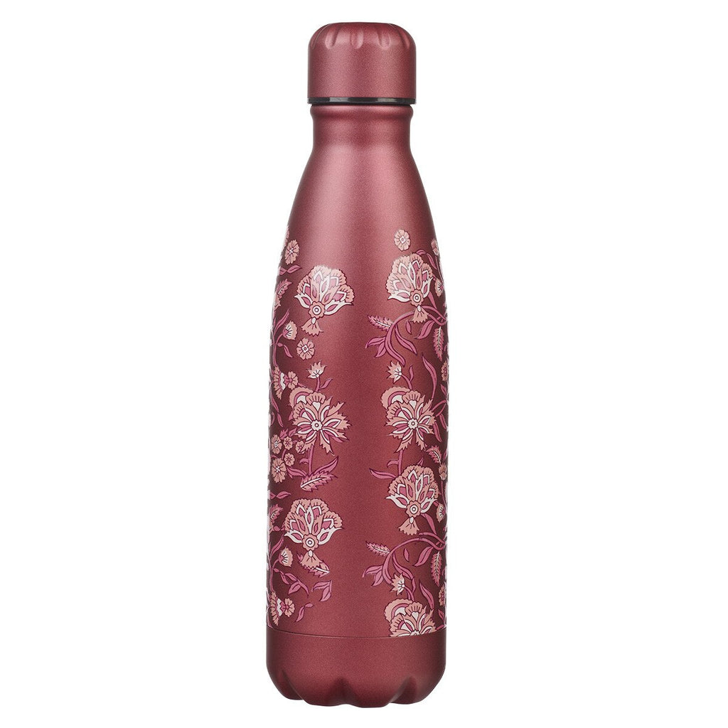 Red water bottle with floral pattern on a white background