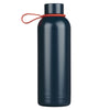 Dark blue water bottle with a red loop on a white background