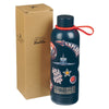 Navy blue water bottle with motivational design and red handle next to a cardboard box packaging.