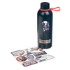 Black water bottle with red handle and astronaut design, accompanied by a sheet of stickers on a white background.