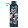 Navy water bottle with motivational stickers and red handle on a white background
