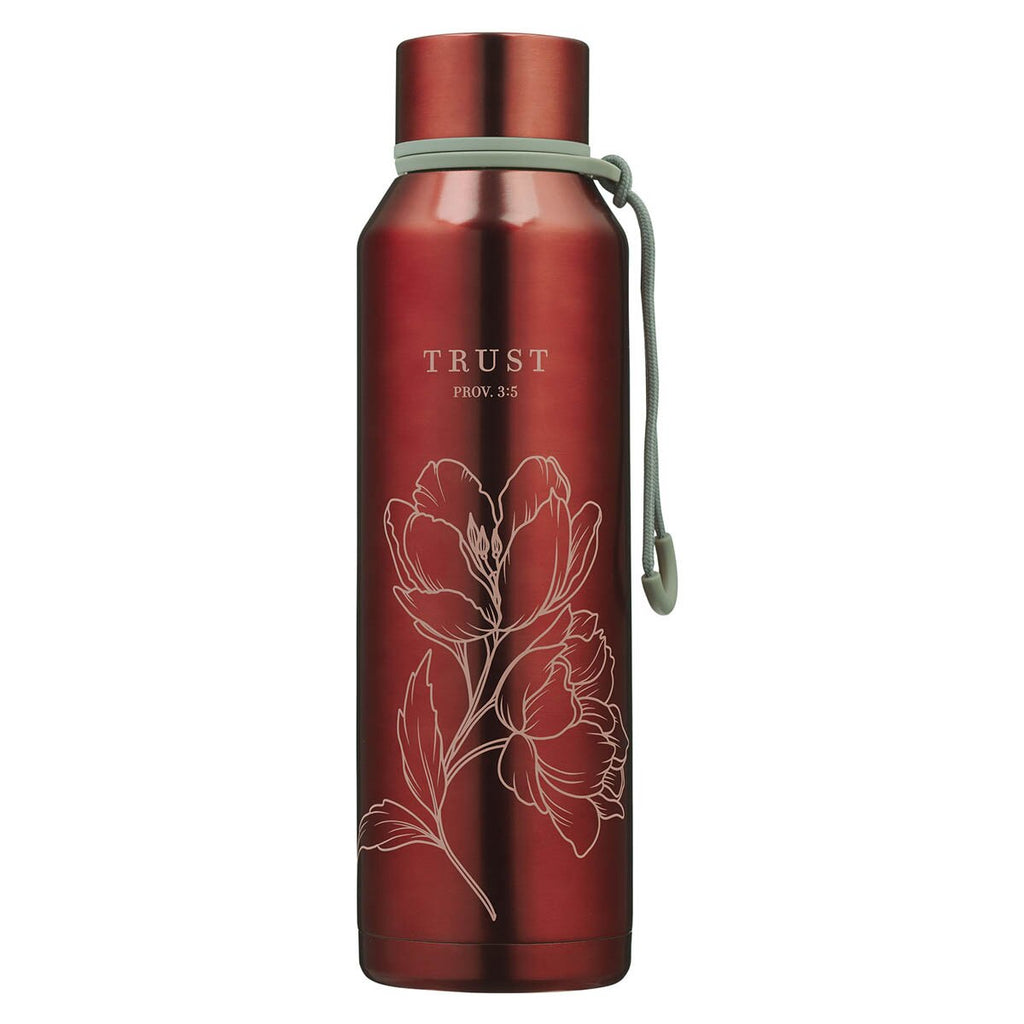 Red water bottle with floral design and 'TRUST' branding on a white background