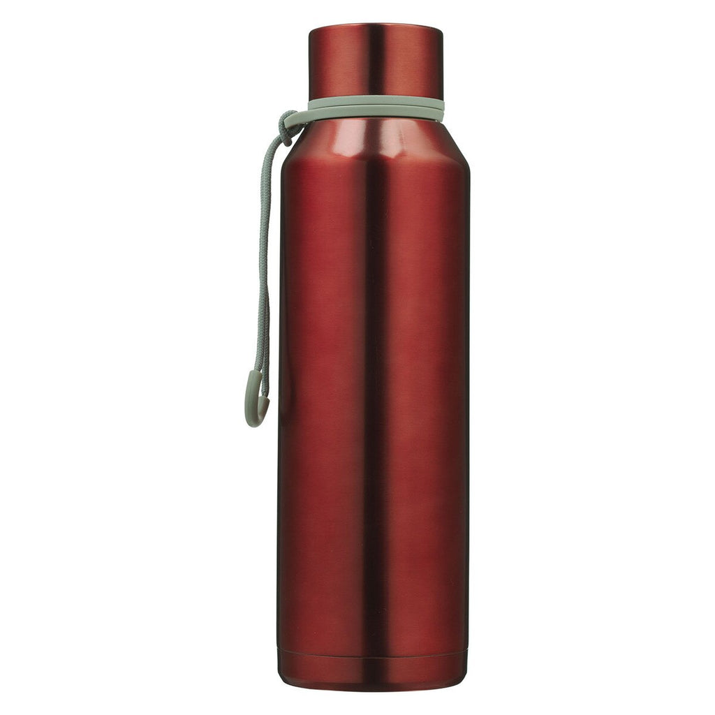 Red metal water bottle with a green strap on a white background