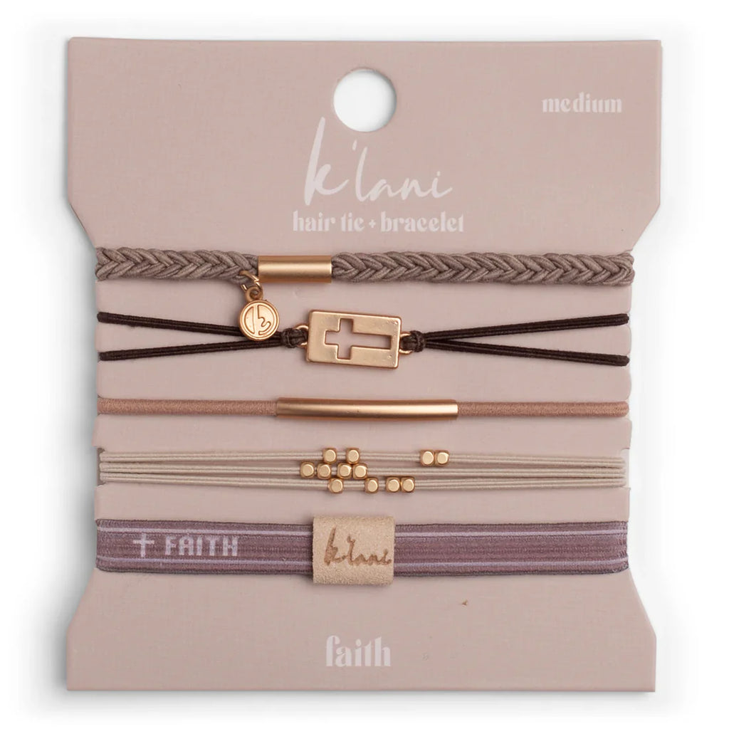 Packaged hair tie and bracelet set with visible brand 'klani' on a beige background