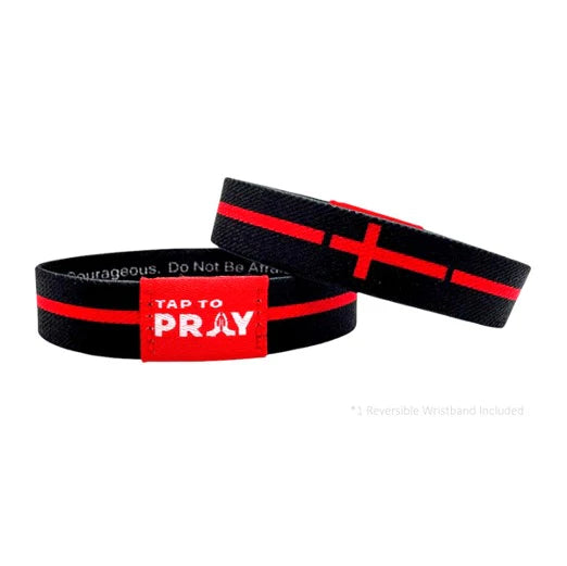 Black wristband with red stripes and 'Tap to Pray' label on a white background