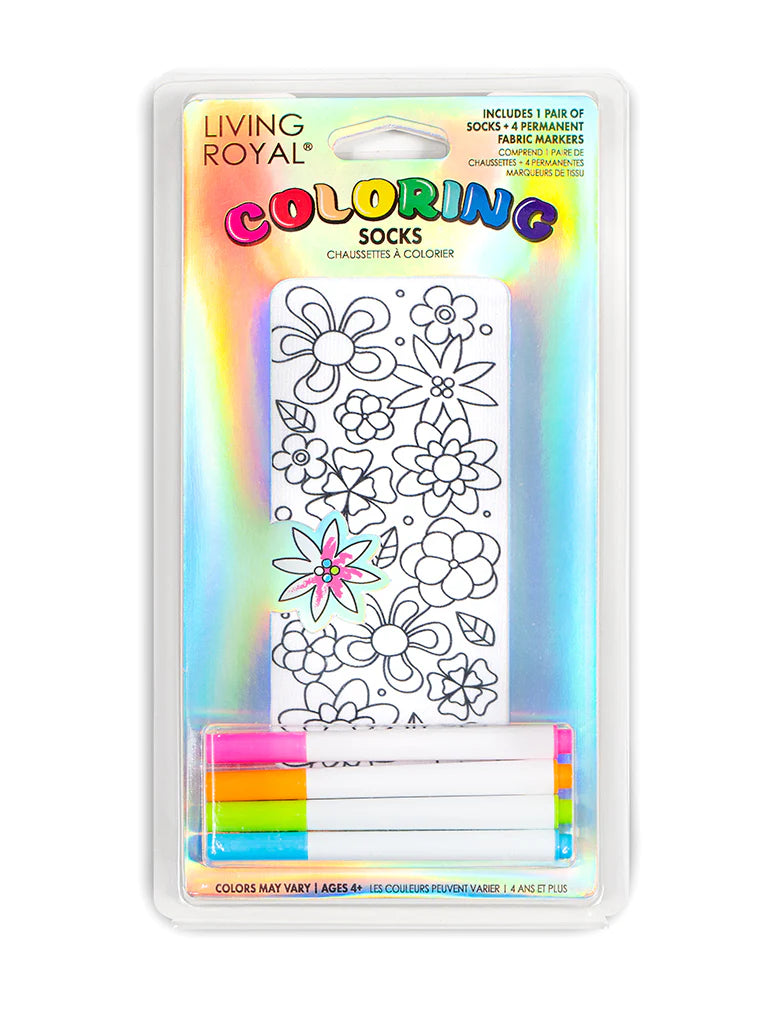 Living Royal coloring socks packaging with flowers and markers on a white background