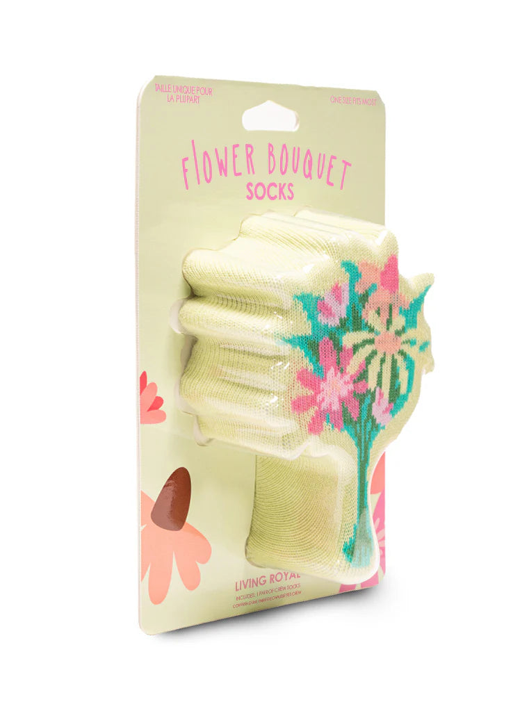 Packaged flower bouquet socks with floral design on a white background