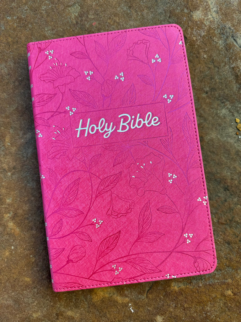 KJV Pink Floral Gift Bible on a brown background