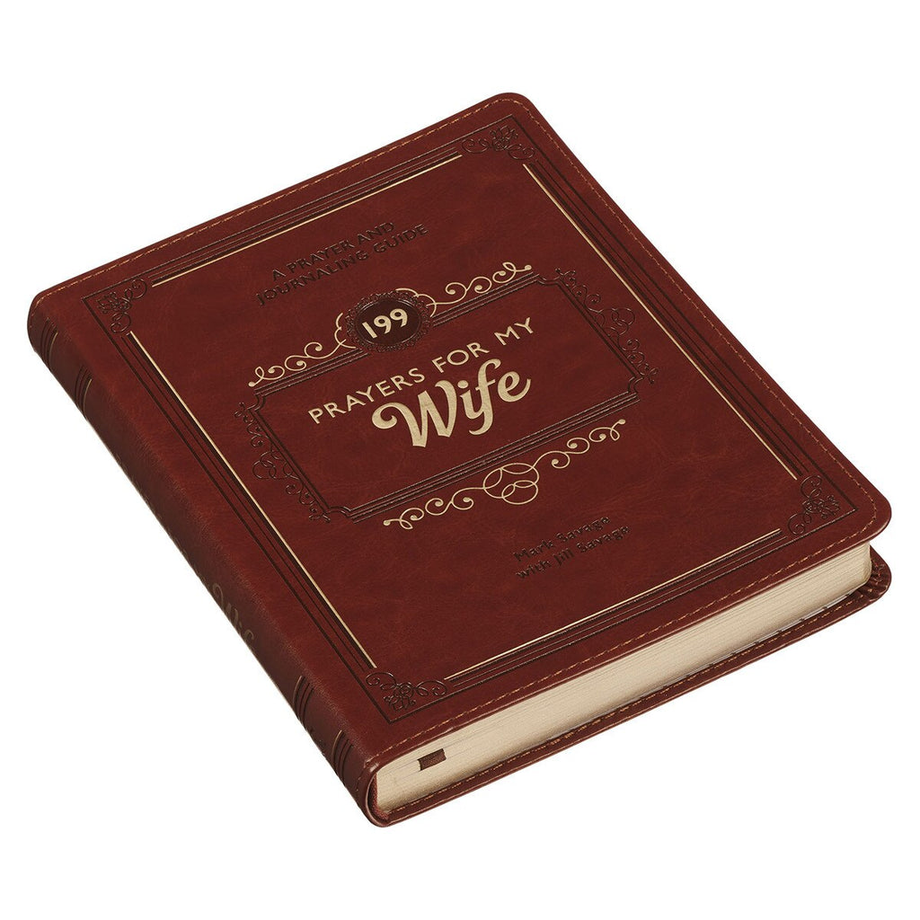 Brown leather book titled '199 Prayers for My Wife' on a white background