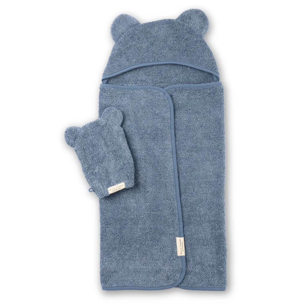 Blue hooded towel with bear ears and matching gloves on a white background