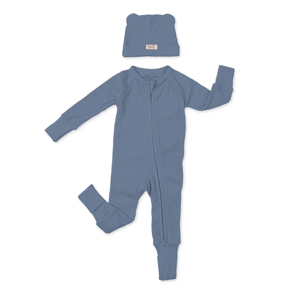 Blue baby onesie and hat set on a white background