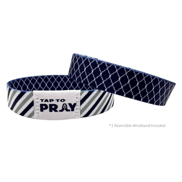 Navy and gray striped wristband with 'Tap to Pray' text on a white background