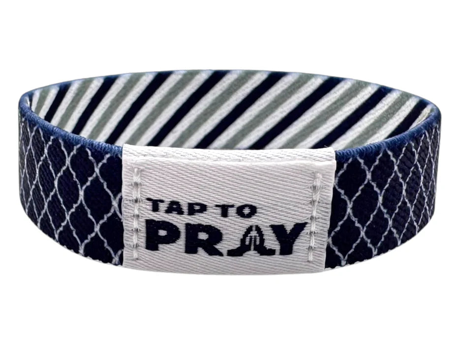 Navy and gray striped bracelet with 'Tap to Pray' tag on a white background
