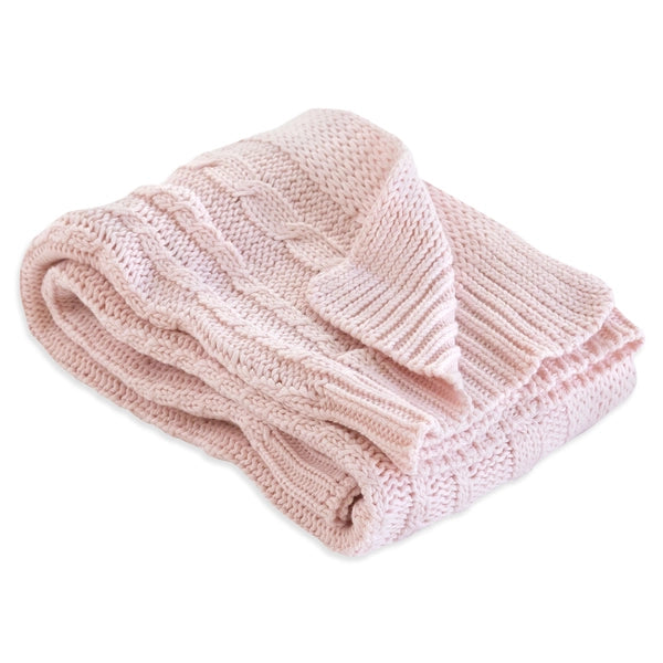burts bee baby pink cable knit blanket on a white background