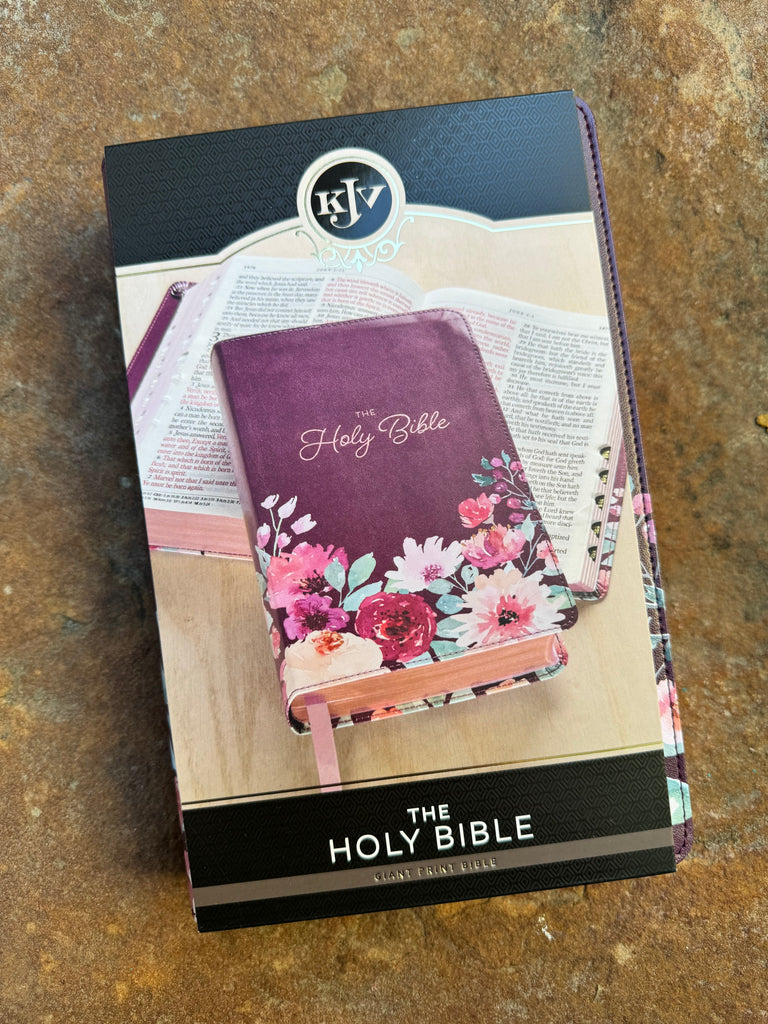 KJV Purple Painted Floral Giant Print Bible on a brown background