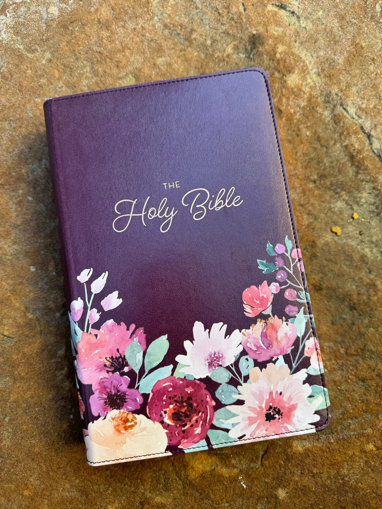 KJV Purple Painted Floral Giant Print Bible on a brown background
