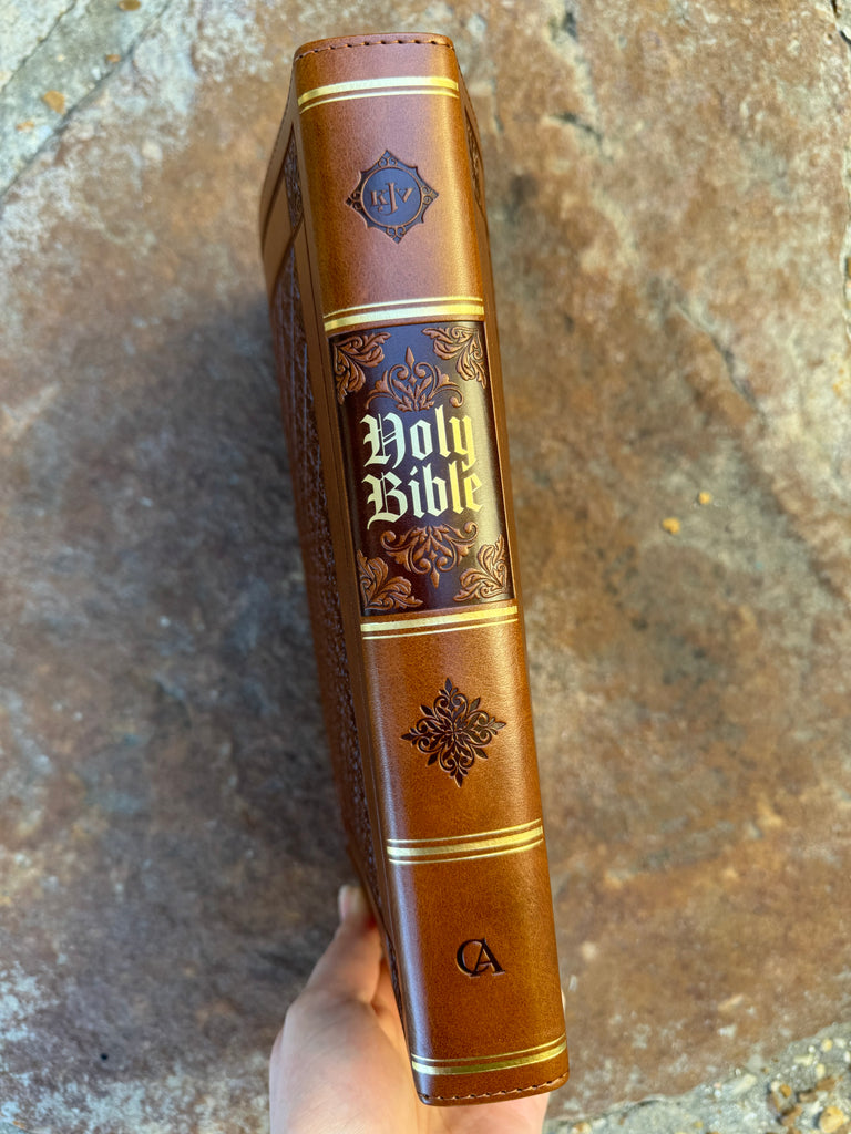 KJV Embossed Brown Diamond Giant Print Bible on a brown background