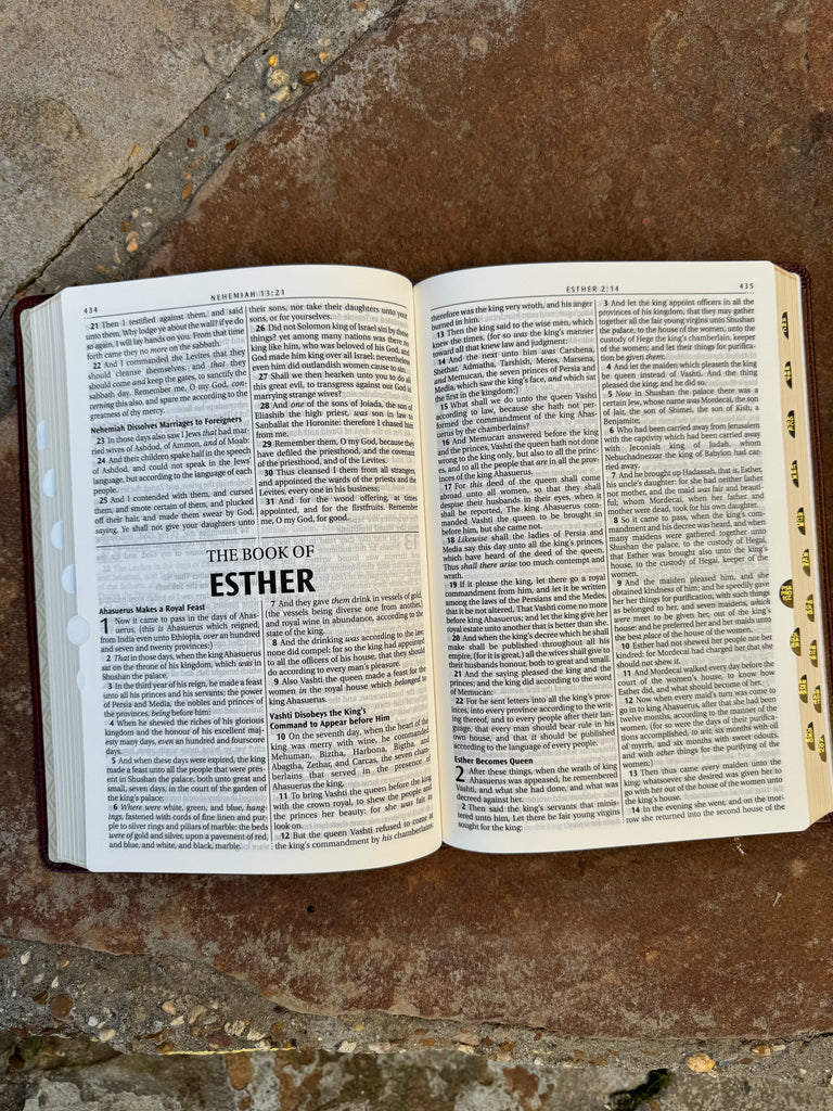 KJV Embossed Cross Burgundy Bible on a brown background