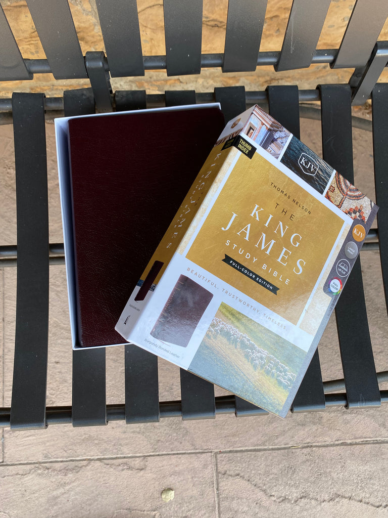 KJV Study Bible Full Color / brown on a black metal bench