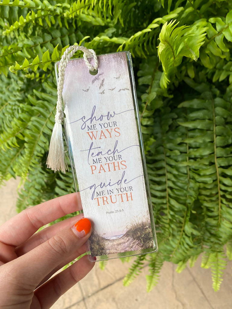 show me your ways bookmark on a green fern