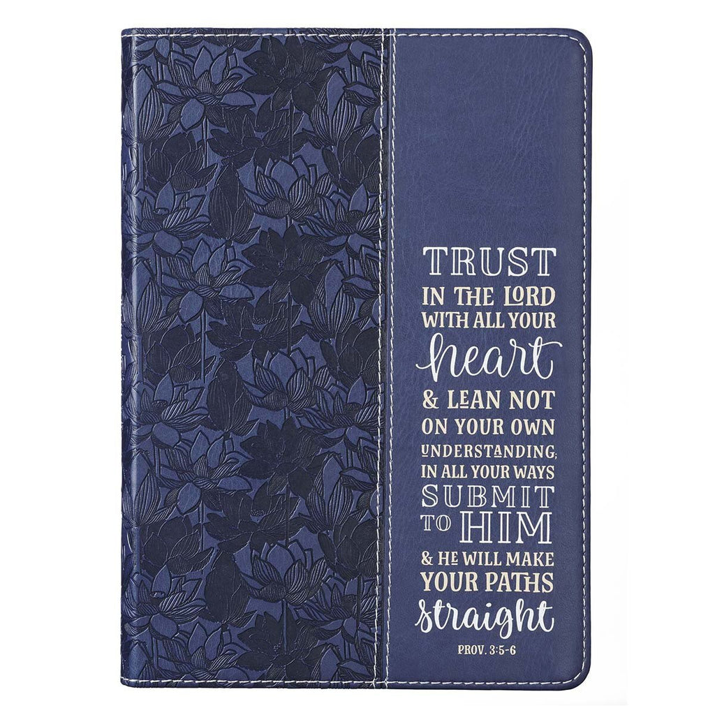 Navy blue floral-patterned cover with motivational text on a white background