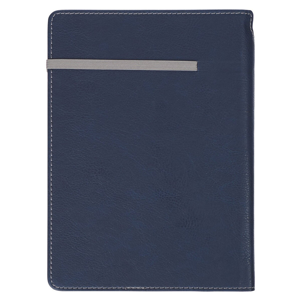 Navy blue leather wallet with a silver stripe on a white background