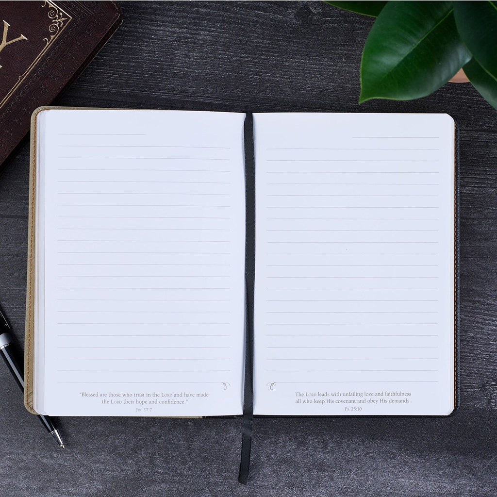 Open notebook with lined pages on a dark surface with a plant leaf in the corner.