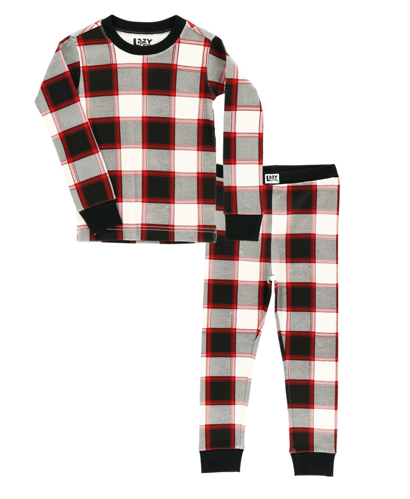 Plaid pajama set with red, black, and gray pattern on a white background