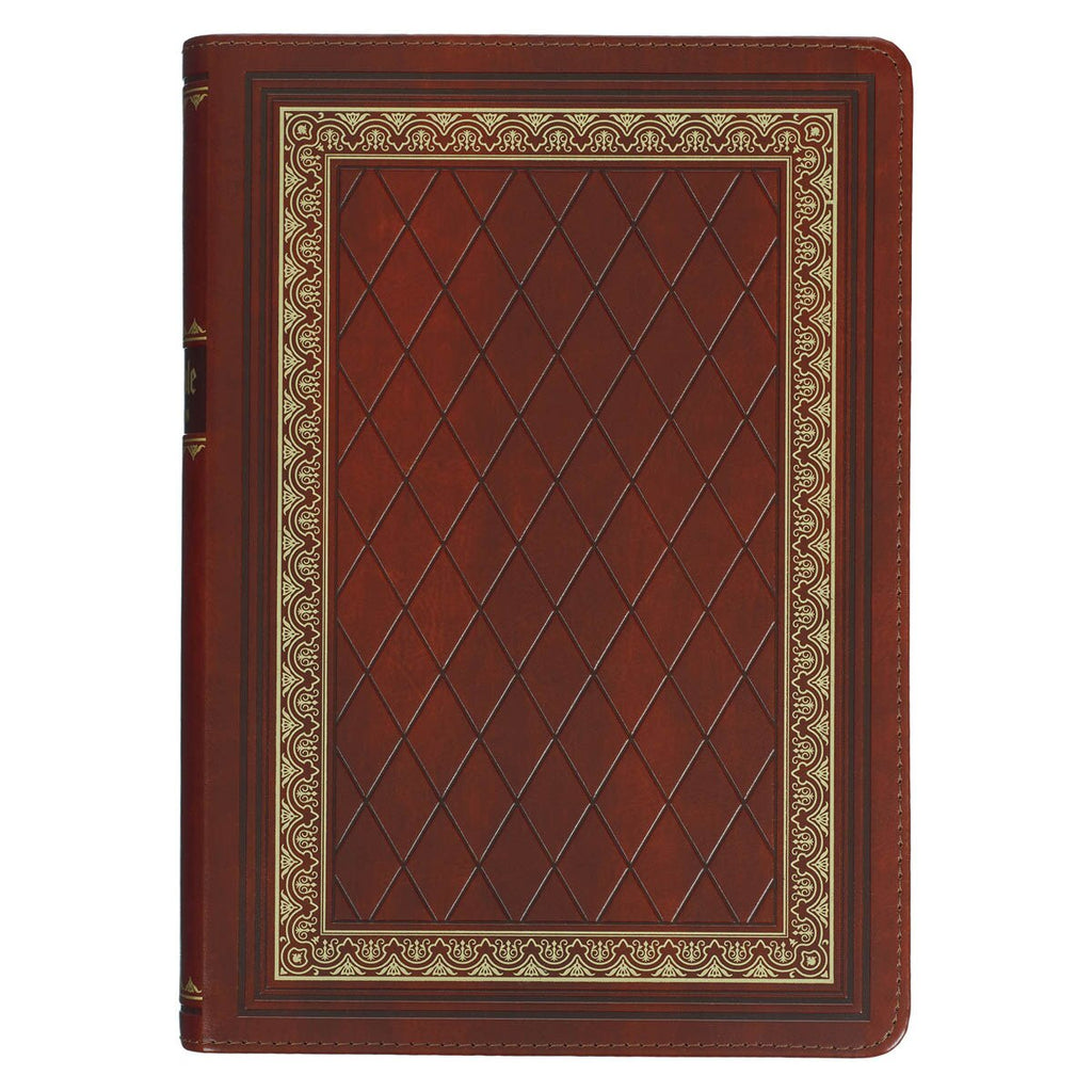 Brown leather-bound book with decorative gold patterns on a white background