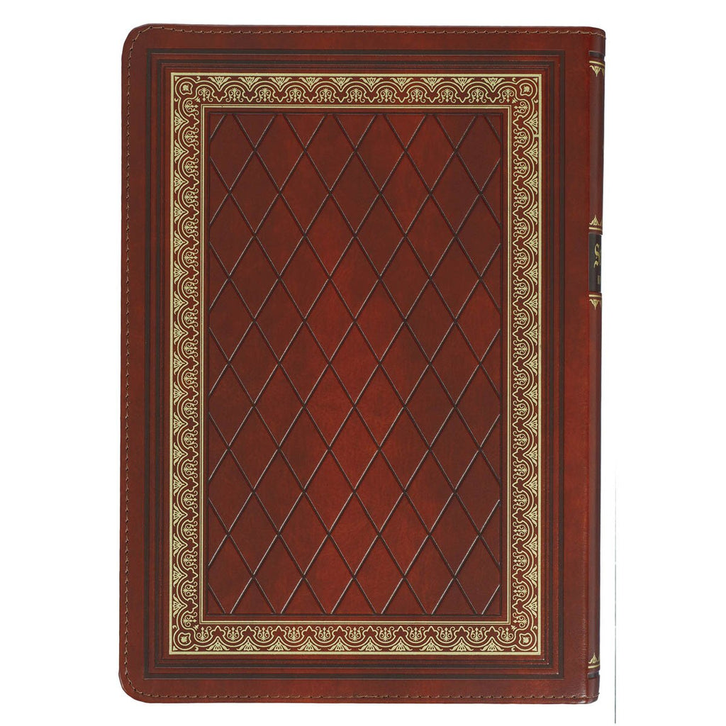 Brown leather-bound book with decorative gold border on a white background