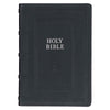 Black Bible with 'HOLY BIBLE' text on a white background