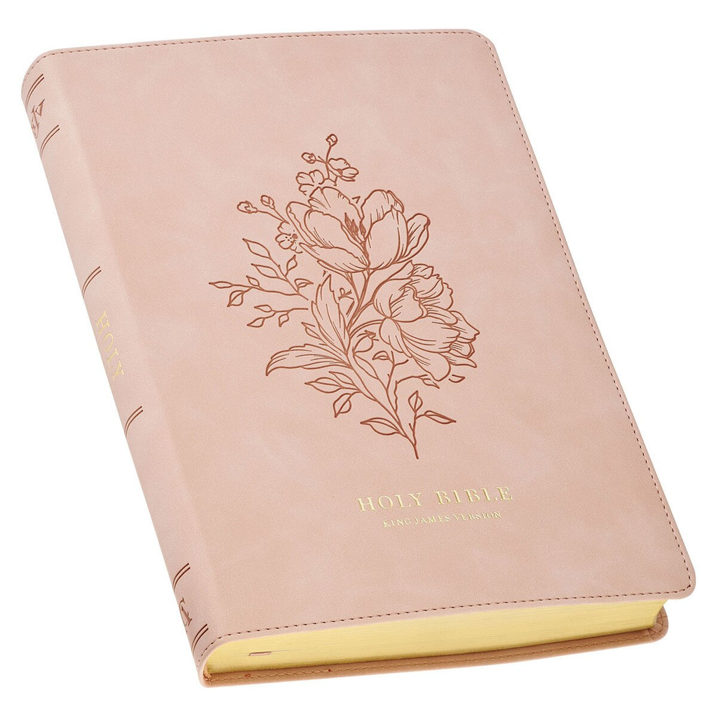 Pink Bible cover with floral design and 'HOLY BIBLE' text on a white background