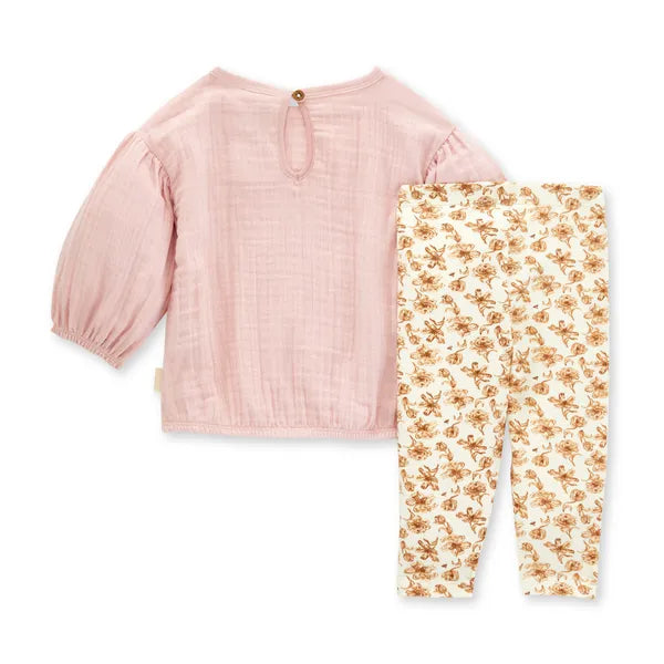 burts bee cream floral leggings and pink gauze tunic on a white background