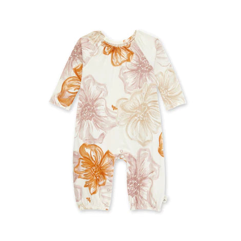 burts bee baby flower jumpsuit on a white background