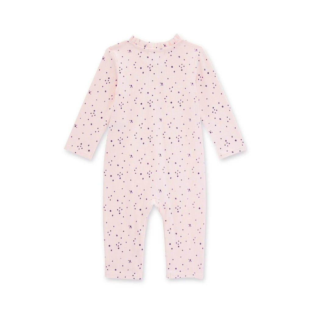 burts bee baby pink petal jumpsuit on a white background